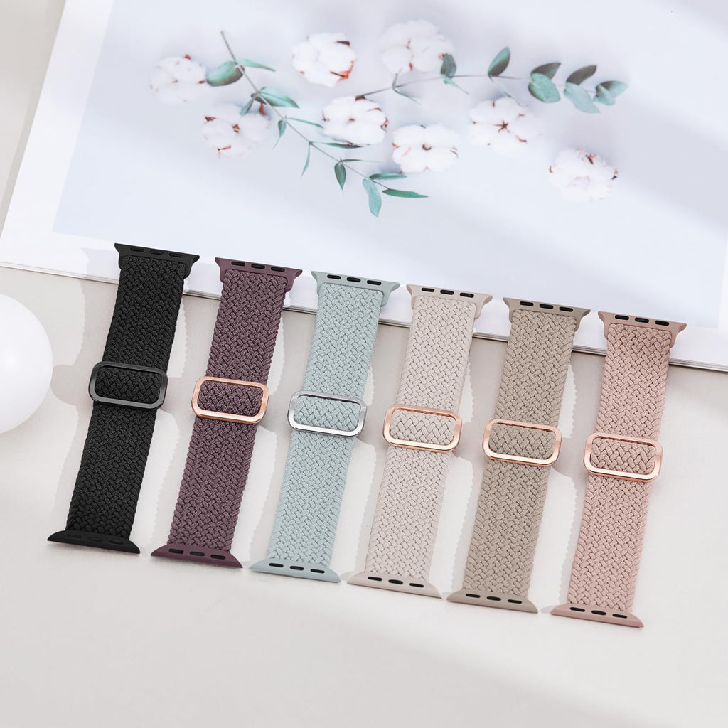 6 Pack Braided Stretchy Bands Compatible with Apple Watch Band Women Men | 38/40/40/42/44/45/46/49mm Adjustable Nylon Solo Loop Elastic Strap for iWatch Series 12 11 10 9 8 7 6 5 4 SE Ultra 4