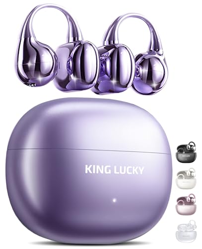 Kinglucky Clip-On Earbuds Gen 3, Open-Ear Wireless Bluetooth 6.0 Headphones with Mic, Secure Fit for Small Ears & Glasses Wearers, 50H Playtime, ENC, IPX5 Waterproof Sport Ear Buds (Purple)