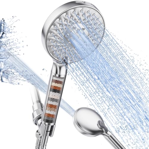 SR SUN RISE Filtered Shower Head with Handheld High Pressure 9 Spray Mode Showerhead Detachable Shower Head Water Softener Filters Beads for Hard Water Remove Chlorine 1 Filter Bright Silver
