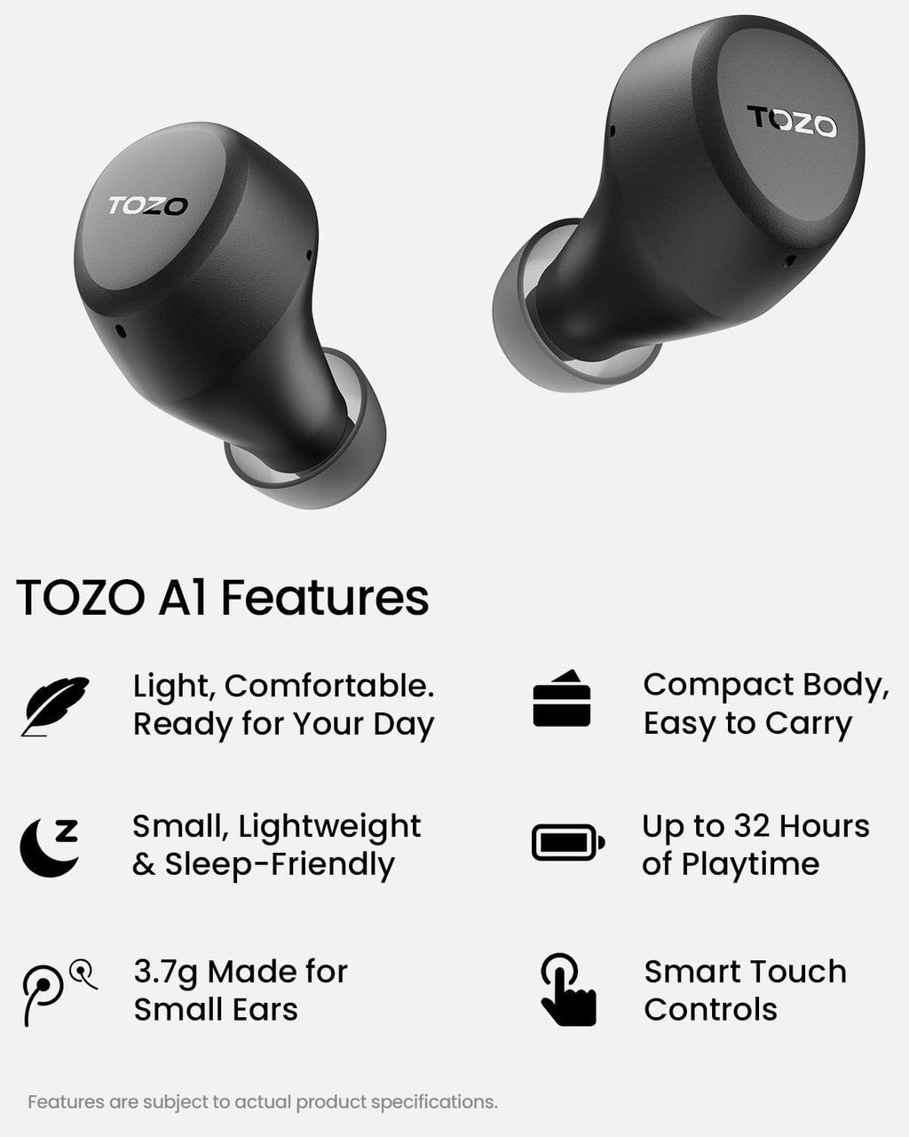 TOZO A1 Wireless Earbuds Bluetooth 5.3 Light Weight in Ear Headphones | IPX5 Waterproof,2 Mics for AI Calls,Immersive Premium Sound Bass Headset with Charging Case,32 EQ via App Black