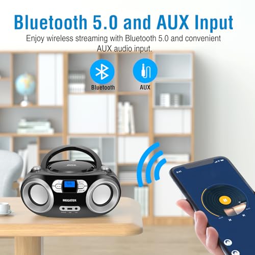 MEGATEK Portable CD Player Boombox with Bluetooth & FM Radio – Black | USB Playback, Clear Stereo Sound, AUX Input, Headphone Jack, CD-R/RW & MP3-CD Support, LCD Display, AC/Battery Powered