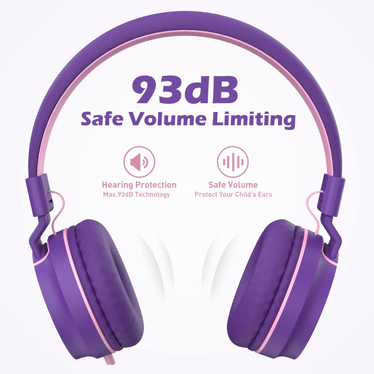Kids Headphones for School with Microphone, 93dB Volume Limited, PinkPurple | Wired On Ear Headphones for Girls Boys, Foldable Lightweight Headphone for Classroom Learning & Entertainment Travel Computer