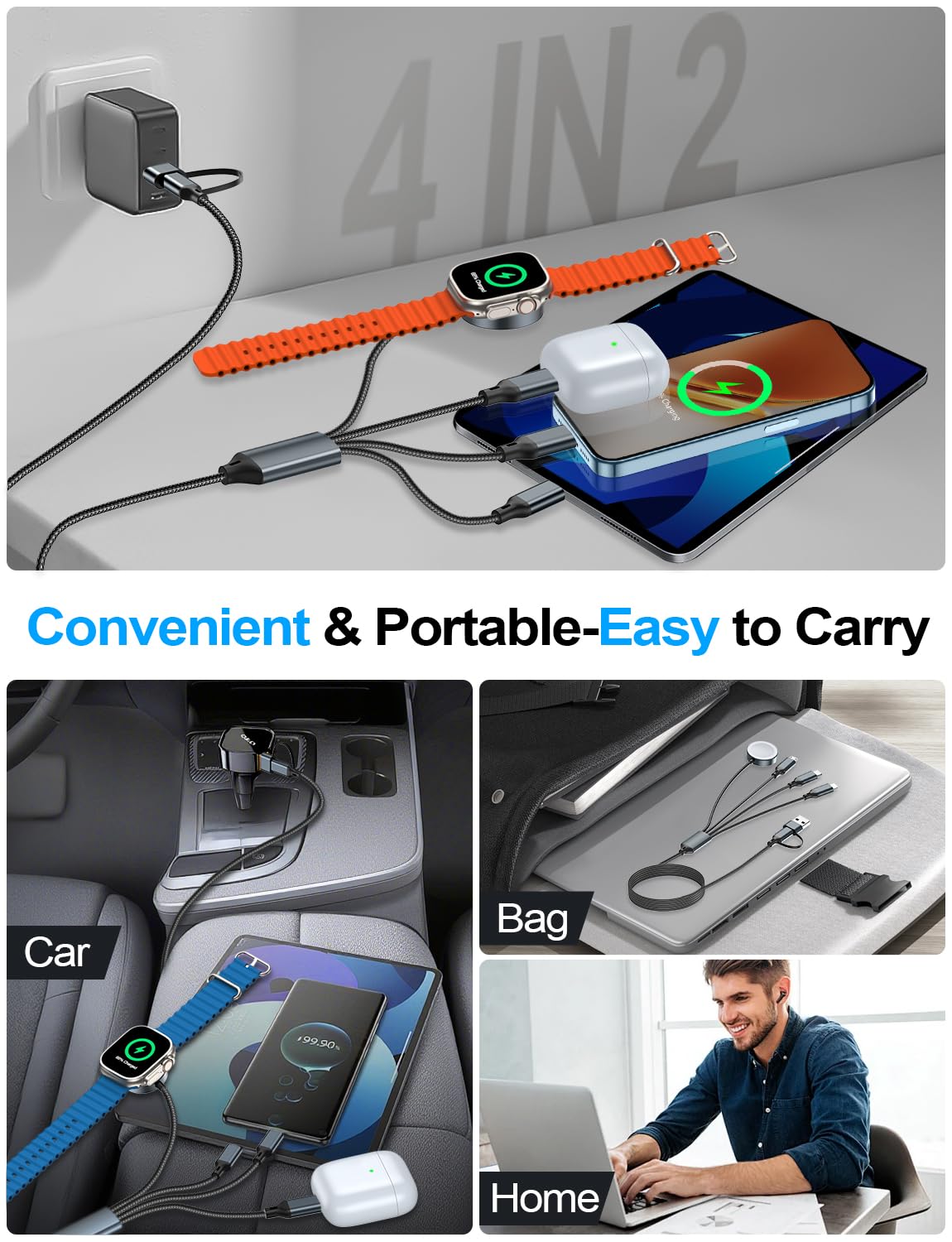 4-in-2 Multi Charging Cable for Apple Watch Charger/iPhone/Samsung Charger | Travel Essentials,Type C/Lightning/iWatch/Micro Charging Power Cable for Galaxy/iPhone/iWatch Ultra/12-2/Airpods[1.2M]