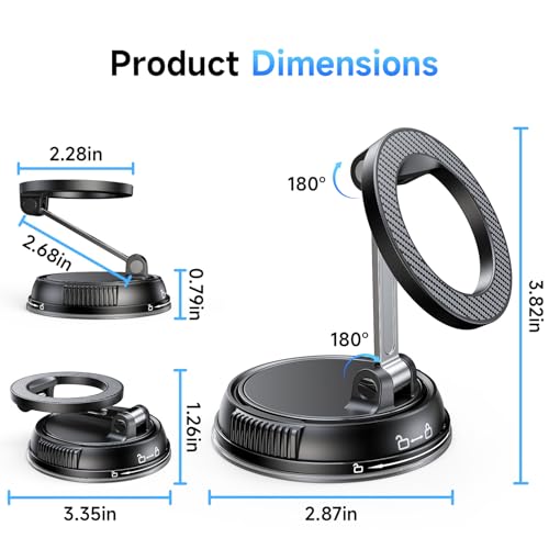 Compact Foldable Car Phone Holder for Magsafe [78+LBS Strongest Suction & 2400gf Strongest Magnetic] 360° Adjustable Car Phone Mount, Bedstand & Desk Mounts for iPhone 18-12 Pro Max (Carbon Fiber)