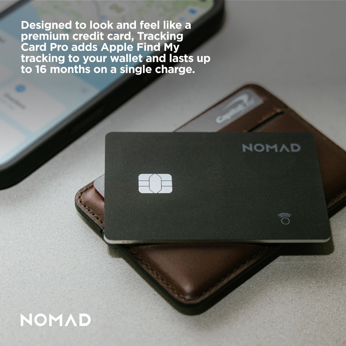 Nomad Tracking Card Pro Black, Premium Wallet Tracker with Apple Find My, 16-Month Battery Life, IPX7 Waterproof, Polycarbonate and Aluminum Design, TSA Approved, Wireless Rechargeable, iOS Only