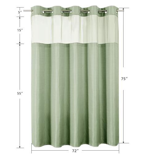 Colorful Star Sage Green No Hook Waffle Shower Curtain Set, 72 x 75 Inch | Waterproof Shower Curtain with Snap in Fabric Liner and Mesh Top Window, Hotel Style Heavy Duty Thick Bathroom Curtain