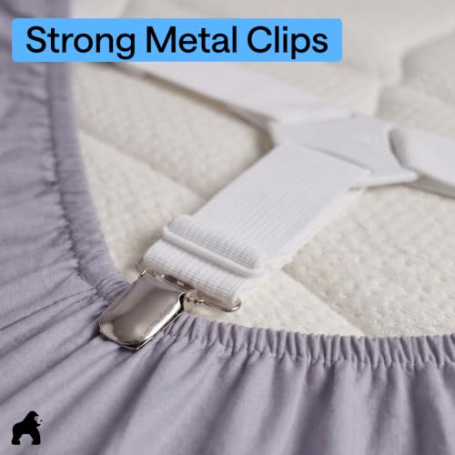 GORILLA GRIP Patented Fitted Bed Sheet Holders for Corners, 4 Pack White | Adjustable Elastic Fasteners with Straps with Metal Clips, Keeps in Place Bedding Sheets, Tight Suspenders for Mattress