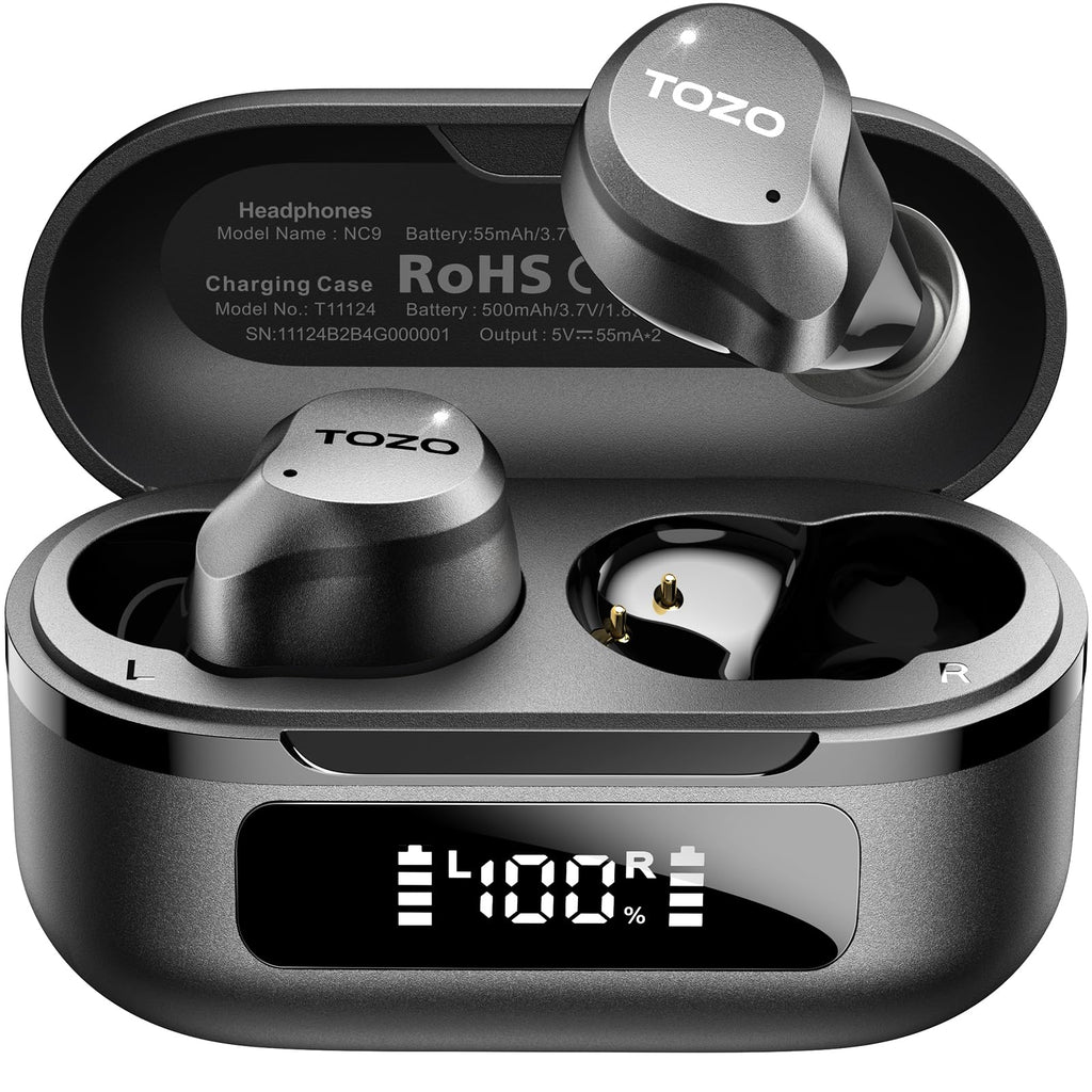 TOZO NC9 Hybrid Active Noise Cancelling Wireless Earbuds, 60H, LED Display | 6 Mic ENC Clear Calls, Deep Bass Sound, IPX8, in Ear Bluetooth 5.3 Headphones,32 EQs via APP, Comfort Fit Ear Buds, Black