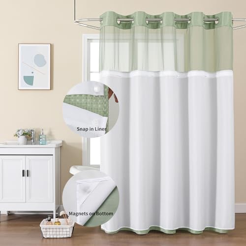 Colorful Star Sage Green No Hook Waffle Shower Curtain Set, 72 x 75 Inch | Waterproof Shower Curtain with Snap in Fabric Liner and Mesh Top Window, Hotel Style Heavy Duty Thick Bathroom Curtain