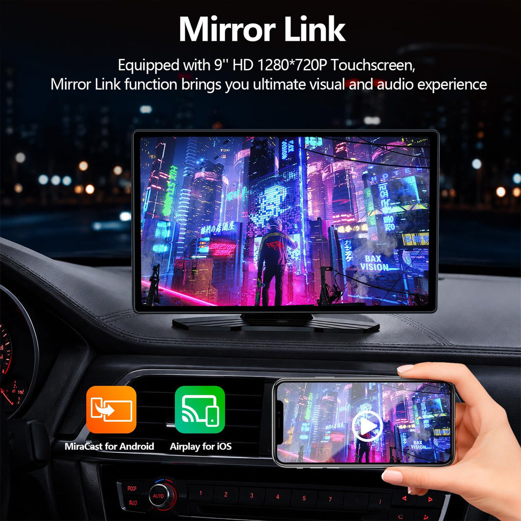 9" Wireless CarPlay Screen with Apple Car Play & Android Auto for Car, OTA Updates, Backup Camera, Bluetooth 5.0, Mirror Link, Voice Control, GPS Navigation, FM, AUX