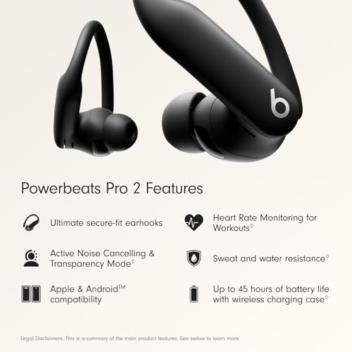 Beats Powerbeats Pro 2 - Wireless Noise Cancelling Workout Earbuds with Secure- Fit Earhooks, Up to 45-Hour Battery with Charging Case, Sweat & Water Resistant, Heart Rate Monitoring - Jet Black