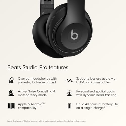 Beats Studio Pro Premium Wireless Over-Ear Headphones- Up to 40-Hour Battery Life, Active Noise Cancelling, Great for Travel & Commuting, USB-C Lossless Audio, Apple & Android Compatible -Black