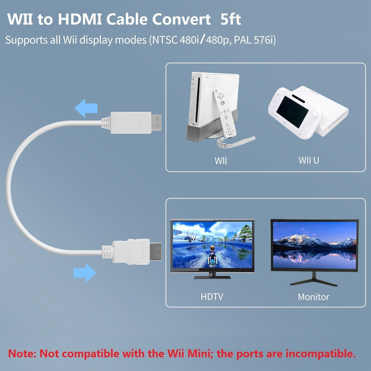 HOXIBSL 5ft WII to HDMI Converter Cable Adapter,for use with Full HD 1080P Devices with an HDMI Port,Compatible with WII,U,HDTV, Monitor (White)