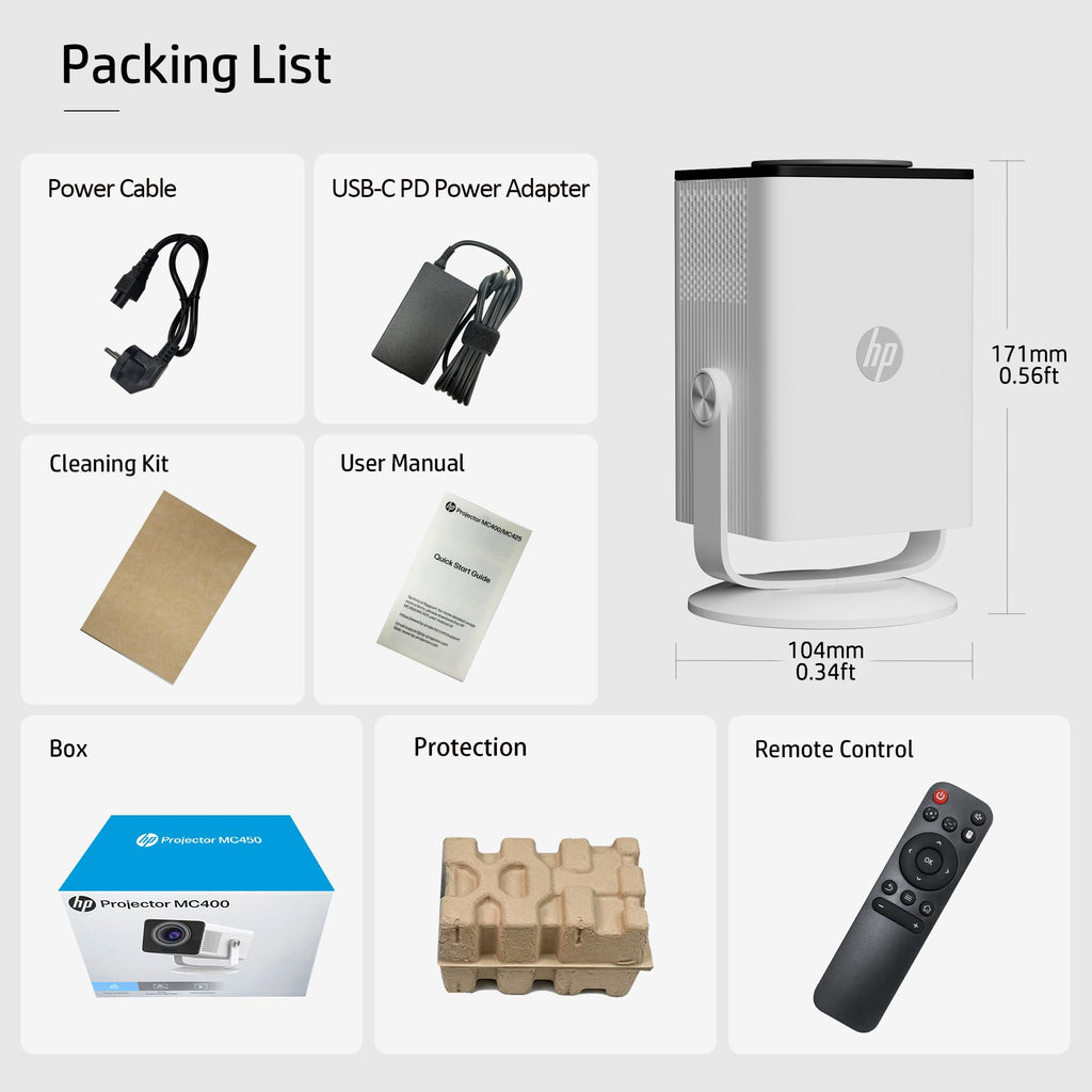 HP Projector Built-in Apps, USB-C Power Bank Compatible for Outdoor MC400 | Portable Mini Projector with WiFi 6 and Bluetooth 5.4, 1080P/4K Supported, Auto Keystone & 90° Rotatable, Smart Android TV OS
