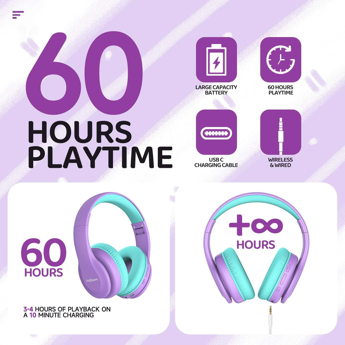 JoySpark Kids Bluetooth Headphones Over-Ear, 60Hrs, Built-in Mic-Purple | 85/94dB Volume Limited, Bluetooth 5.3, Stereo Sound, Lightweight Kids Wireless Headphones for Kids Toddler Travel School