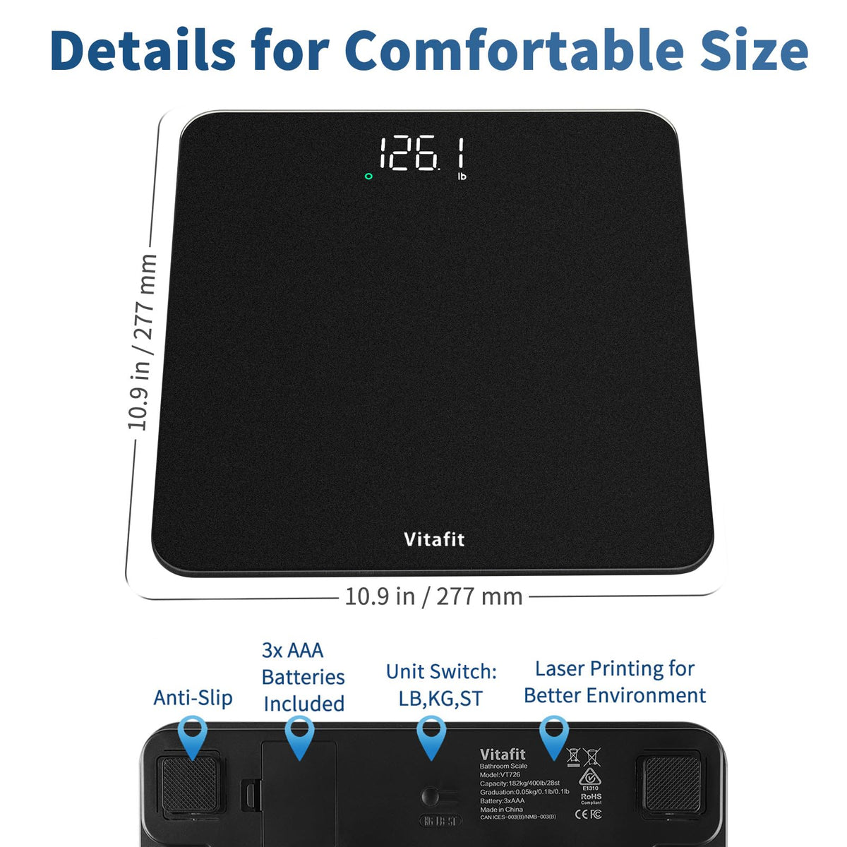 Vitafit Bathroom Scale for Body Weight Accuracy 0.1lb, Weight Scale 400lb | Professional Factory Since 2001 Digital Weighing Scales for Weight, Step On and 3xAAA Included, LED, Spray Silver Black