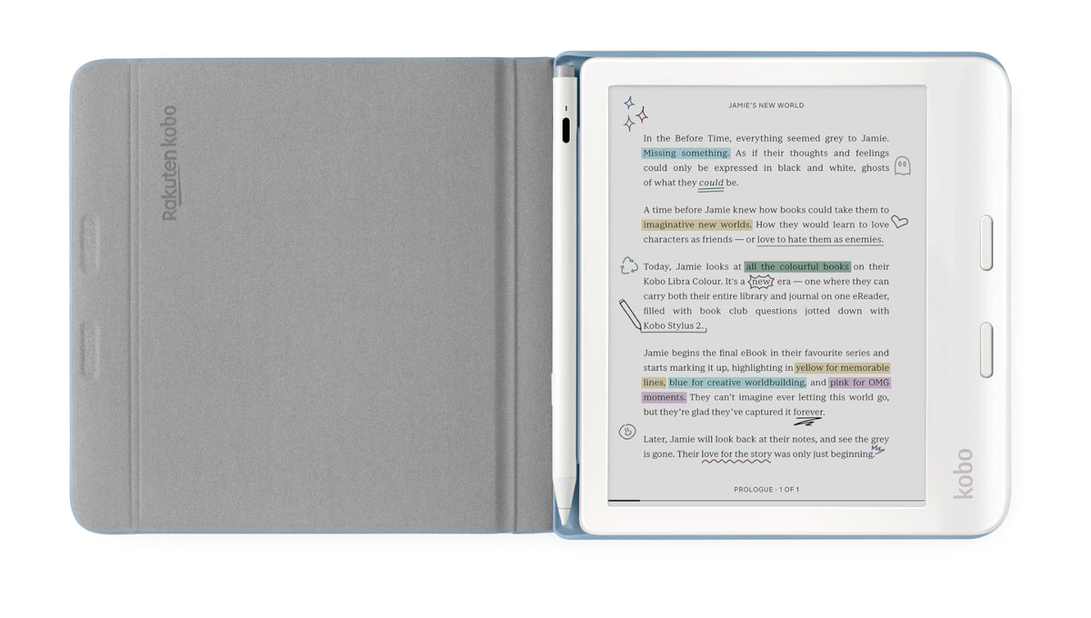 Kobo Libra Colour SleepCover Case | Dusk Blue Stylus Notebook | Sleep/Wake Technology | Built-in 2-Way Stand | Vegan Leather | Compatible with 7” Kobo Libra Colour eReader