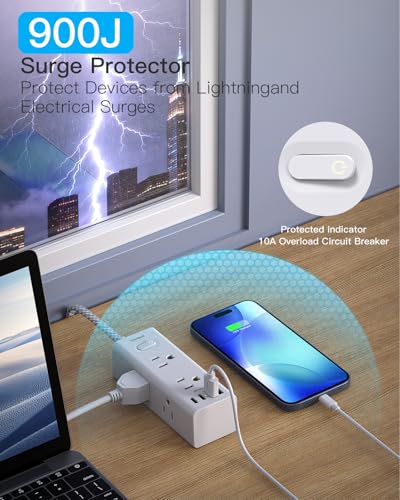 One Beat Surge Protector Power Strip, 5 Ft Flat Plug Extension Cord, 900J | 6 Outlets 4 USB Ports(2 USB C), Wall Mount Outlet Extender Small Power Strip for Travel Home Office College Dorm Room Station