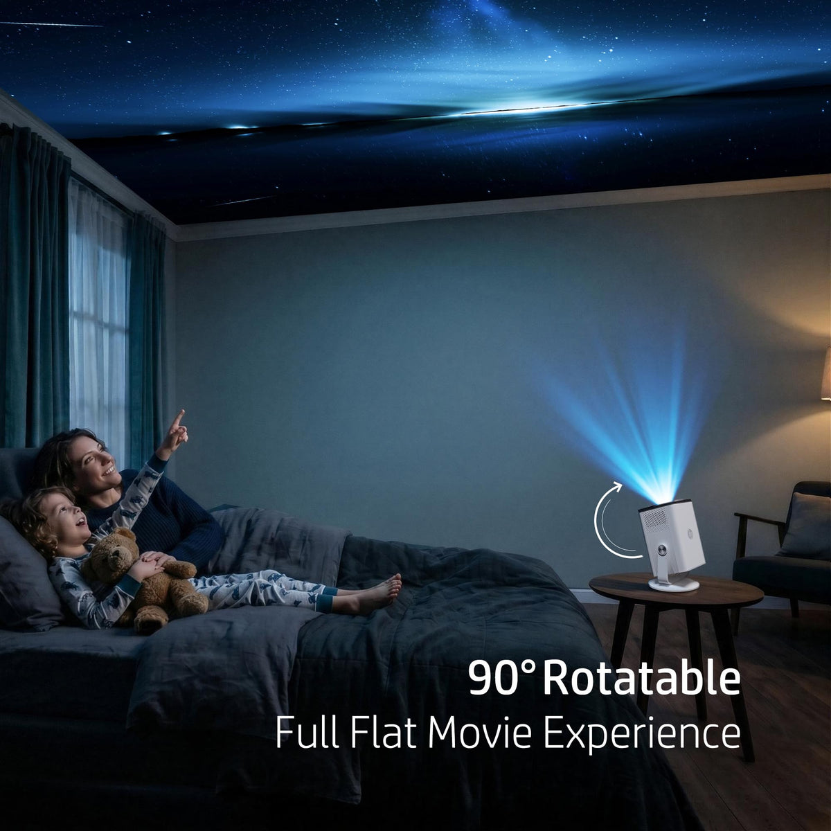 HP Projector Built-in Apps, USB-C Power Bank Compatible for Outdoor MC400 | Portable Mini Projector with WiFi 6 and Bluetooth 5.4, 1080P/4K Supported, Auto Keystone & 90° Rotatable, Smart Android TV OS