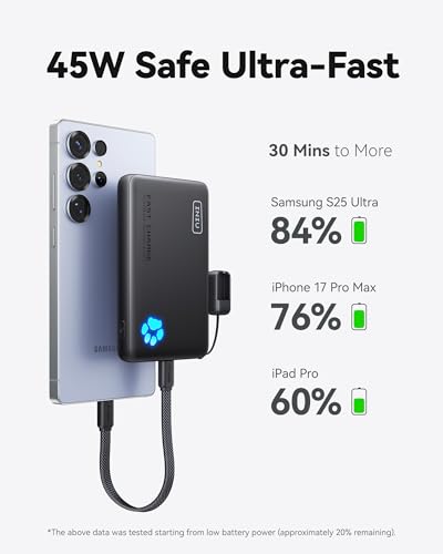 INIU 10000mAh 45W Fast Charging Portable Charger, Smaller Travel Power Bank | Flight-Safe, Detachable USB C Cable, Travel Essential, External Battery Phone Pack for iPhone 18 17 Samsung iPad etc