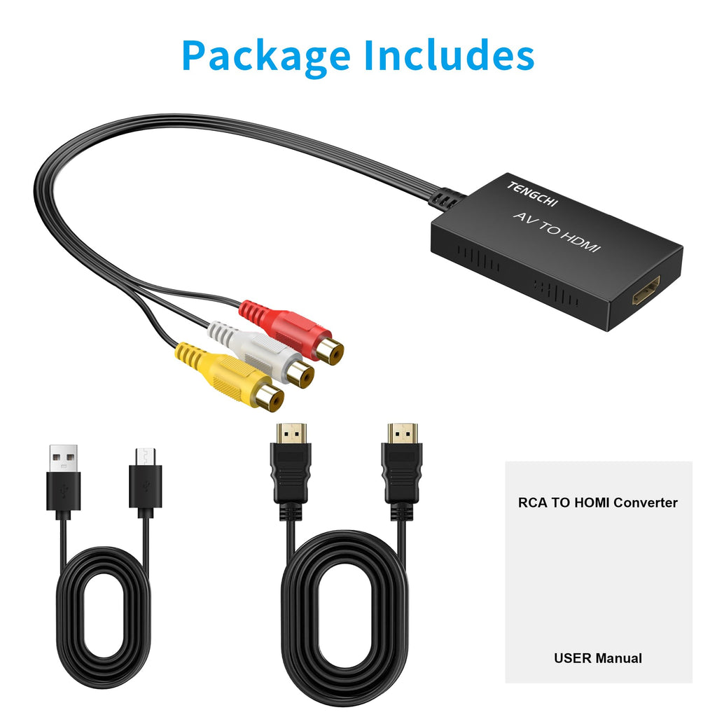 Tengchi RCA to HDMI Converter, AV to HDMI Adapter | Composite to HDMI Support 1080P PAL/NTSC For PS1, PS2, PS3, STB, Xbox, VHS, VCR, DVD Players