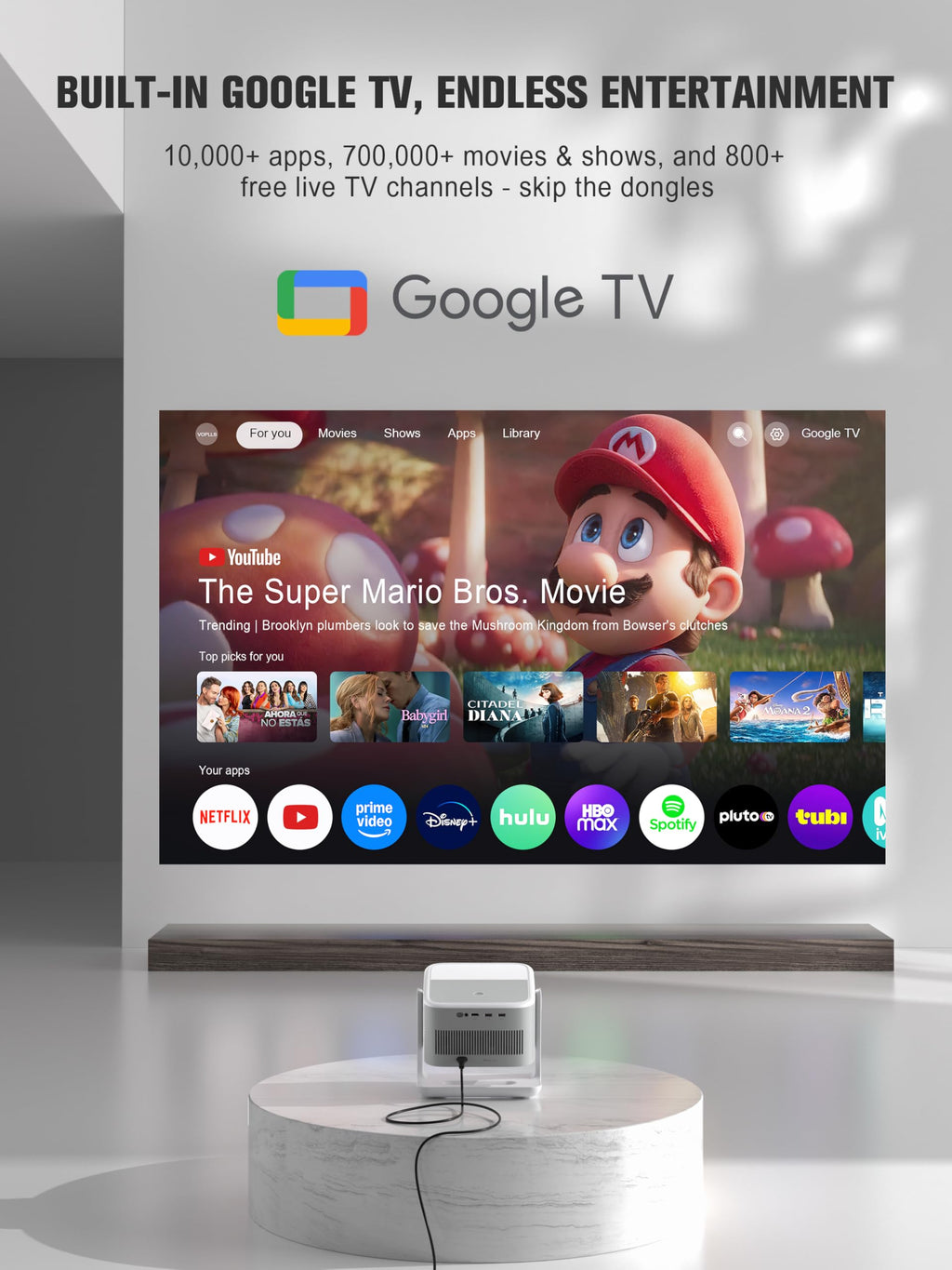 【Official Licensed Google TV】4K Smart Projector with WiFi and Bluetooth, VOPLLS Outdoor Projectors with 50W Dolby/AI Auto Focus, Portable Movie Phone Wireless Gaming Wifi Proyector for Bedroom/Home
