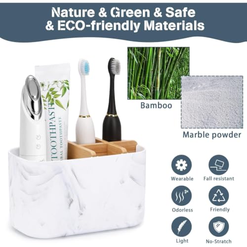 GFWARE Toothbrush Holders for Bathrooms, 5 Slots Bamboo Toothbrush Holder Kids Electric Toothbrush Holder and Toothpaste Holder for Bathroom Countertop Accessories Storage, Marble Toothbrush Organizer