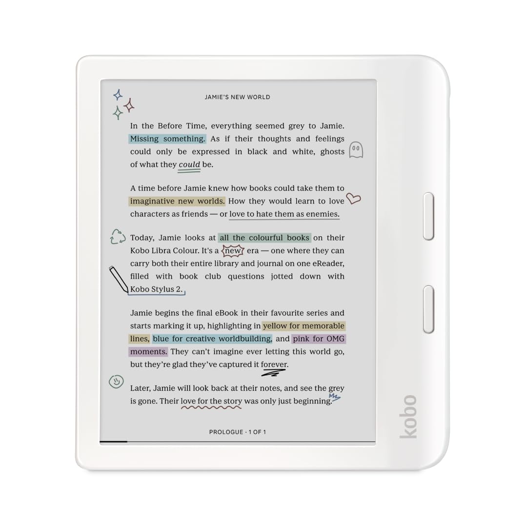 Kobo Libra Colour eReader, 7” Color E Ink, Waterproof, White | 7” Color E Ink Kaleido 3, Dark Mode, Waterproof, eBooks, Audiobooks, Recycled Materials