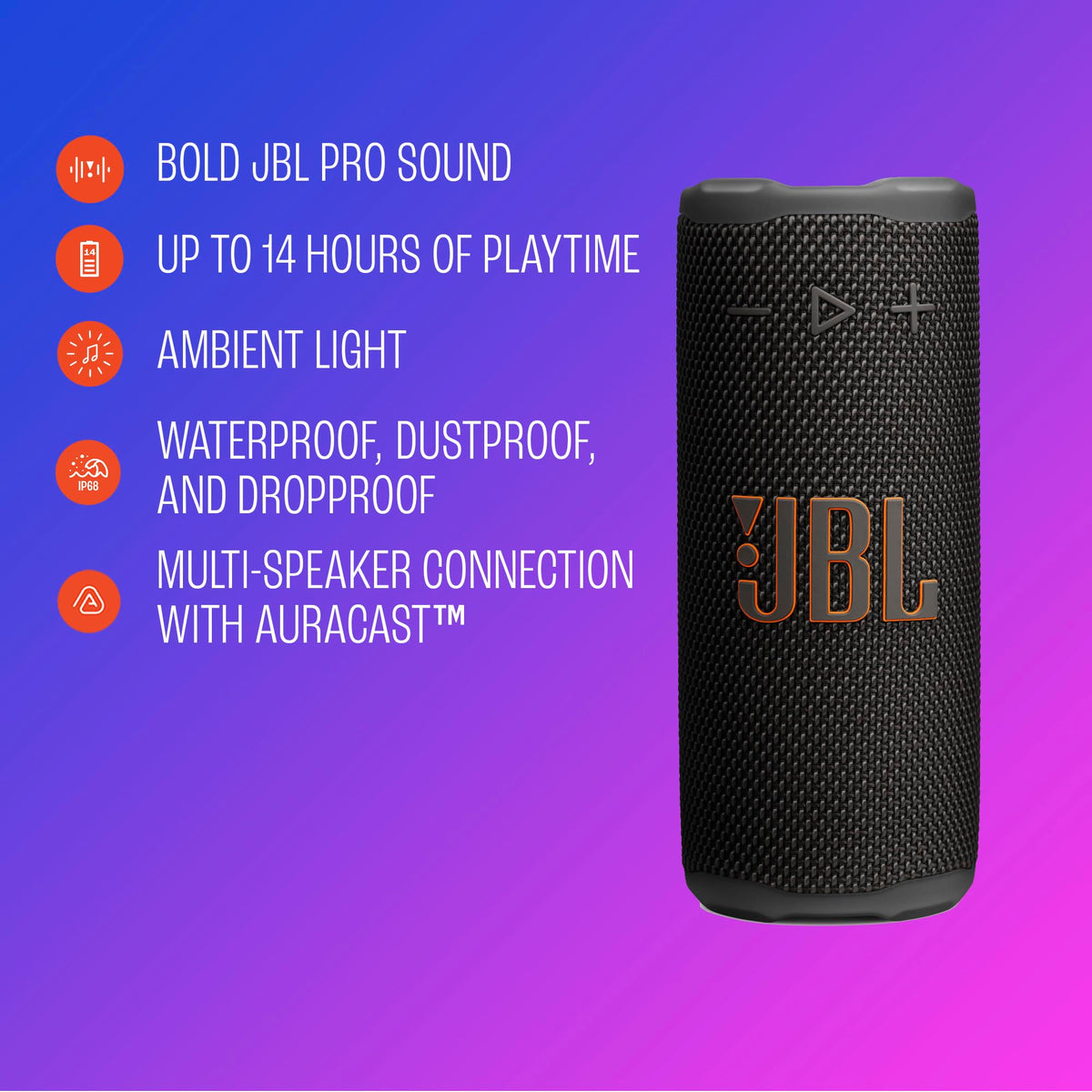 JBL Grip Portable Bluetooth Speaker, Waterproof, Ambient Light - Black | Up to 14 Hr Playtime, AI Sound Boost, IP68 Waterproof And Dustproof, Drop-Proof, App Control, Ideal For Outdoor And Travel