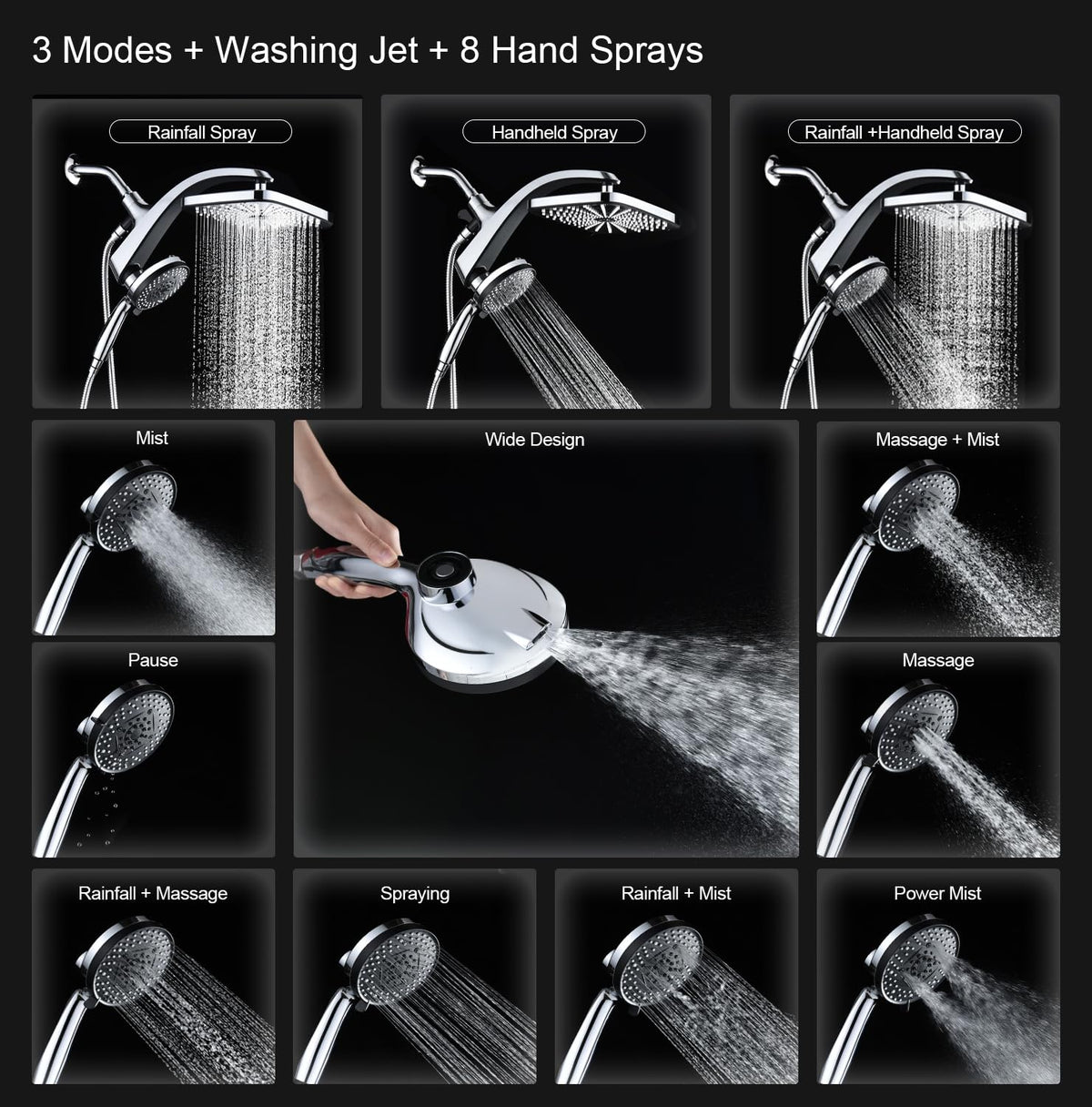 Rain Shower Head with Handheld Showerhead, Chrome 1.8GPM 460311 | 12" High Pressure Rainfall Shower Heads, 9 Sprays Handheld Showerheads, Magnetic Docking, Power Jets, 59" Shower Hose