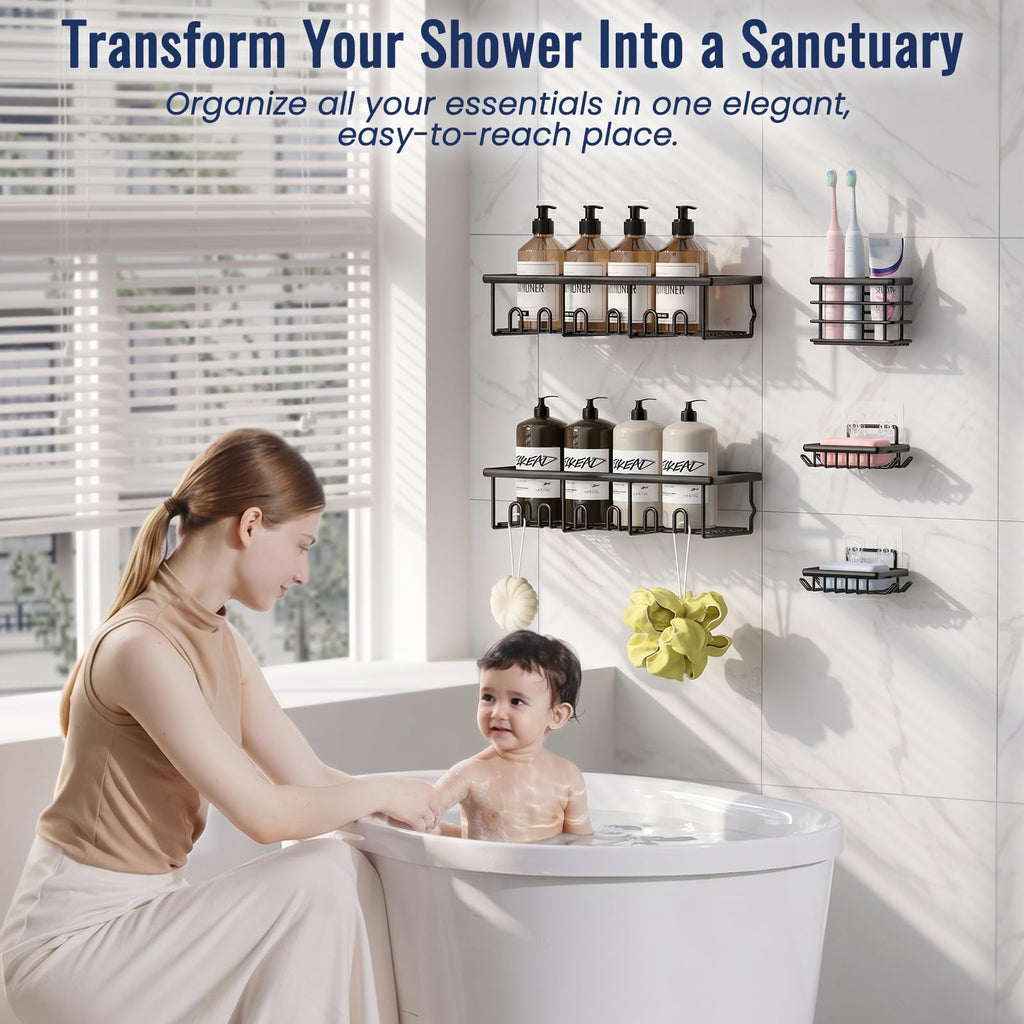 5 Pack Adhesive Bathroom Holders & Dispensers for Kids & Adults, Black | Large Capacity No-Drilling Rustproof Shower Caddy Shelves Rack with Soap Dishes, Toothbrush Holder & Hooks
