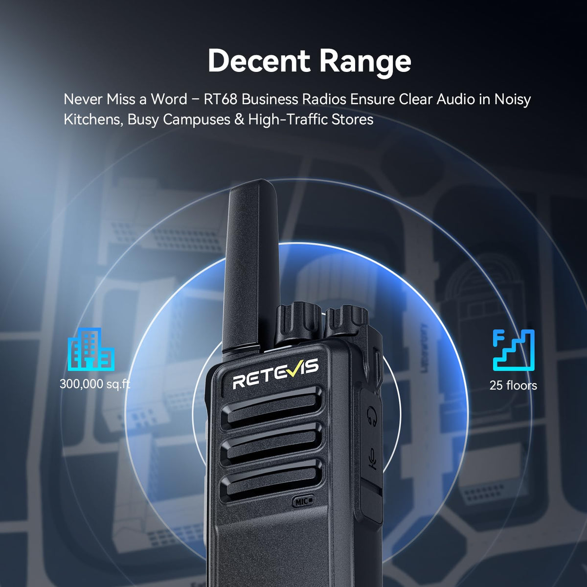 Retevis RT68 Business FRS Walkie Talkies Long Range with Earpieces 6 Pack | Rugged & Compact, License-Free, Powerful 500mW Speaker, 12-Hour Battery, Long-Term Supply, for Schools, Retail & Hospitality