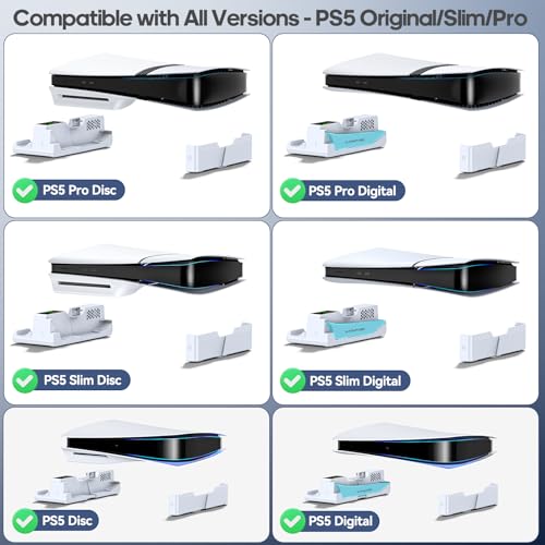 PS5/Slim/Pro Horizontal Stand with Cooling Fan & Charger for Original & Edge Controllers, Scalable Design PS5 Accessories Base with EVA Foams for All PS Five Disc & Digital, PS 5 Sideways Stand White