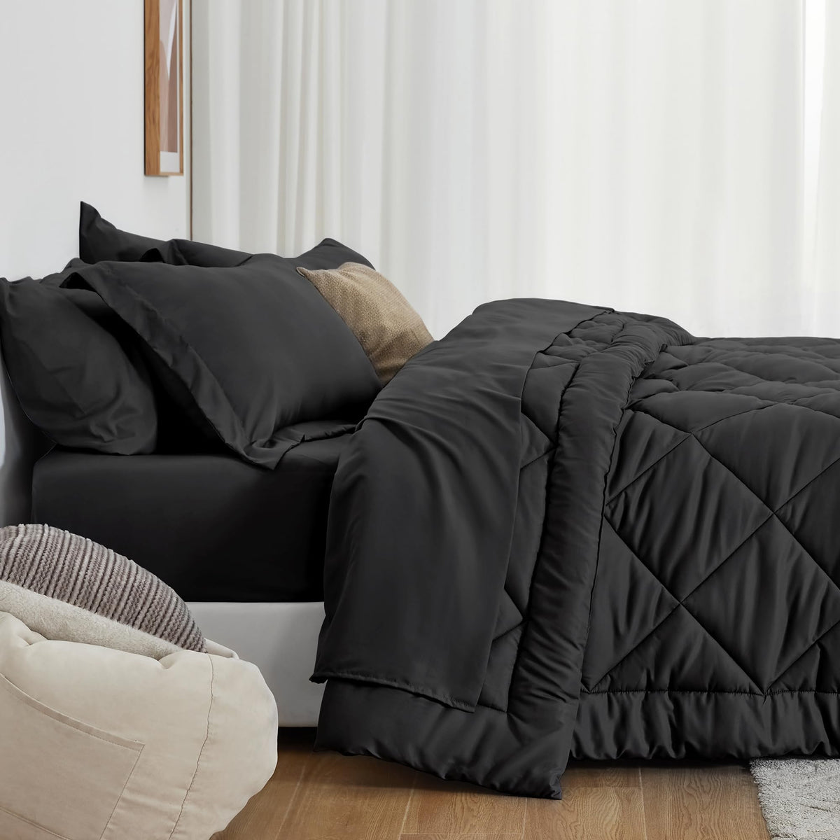 Love's cabin King Size Comforter Set, 7 Pieces Bed in a Bag, Black | OEKO-TEX Certified, All-Season, 1 Down-Alternative Comforter + 1 Flat & Fitted Sheets + 2 Pillowcases + 2 Pillow Shams
