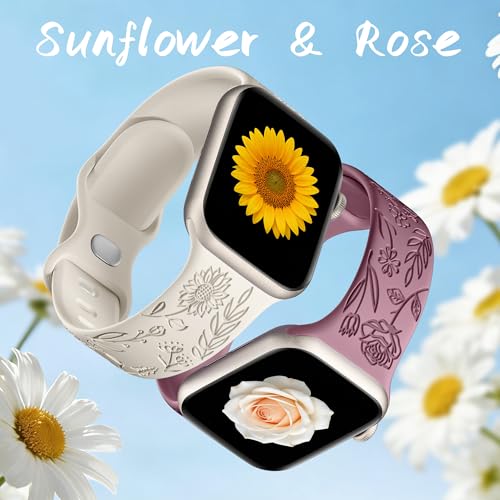 6 Pack Floral Engraved Bands Compatible with Apple Watch for Women | Cute Silicone Straps for Series 12 11 10 9 8 7 6 5 4 SE 3/2/1 Ultra, Wristband for iWatch 42mm 40mm 41mm 38mm 44mm 45mm 46mm