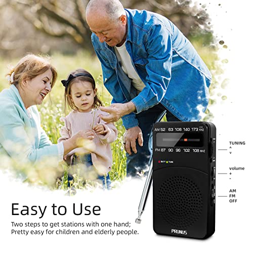 PRUNUS J-166 Portable Radio AM FM, Battery Operated Radio | Tuning Light, Back Clip, Layard, Excellent Reception, AM FM Radios Portable, Transistor Radios