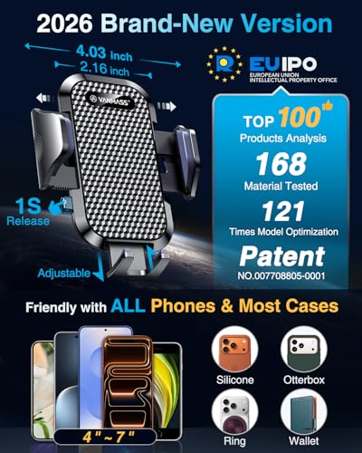 [True Military-Grade] Car Phone Holder VANMASS [Upgraded Strongest Suction&Clip] Cell Phone Mount for Dashboard Windshield Vent Kit, Truck Cradle Stand for iPhone 18 Pro Max 17 16 15 Android,Ink Black