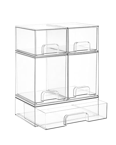 Vtopmart Clear Stackable Storage Drawers Set of 5, Plastic Organizer Bins | Multi-purpose Boxes for Baby Bottle Storage, Ideal for Kichen, Vanity, Bathroom, Undersink, Cabinet, Pantry Organization