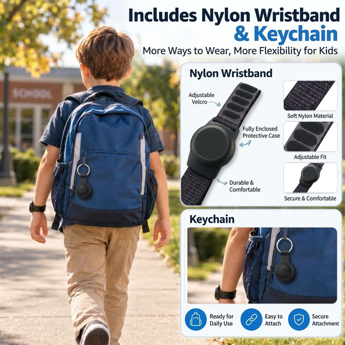 GPS Tracker for Kids with Real-Time Location Tracking & Family Sharing, Apple & Android Compatible, No Monthly Fees & No SIM Card, Wristband & Keychain Included, IP68 Waterproof, Black