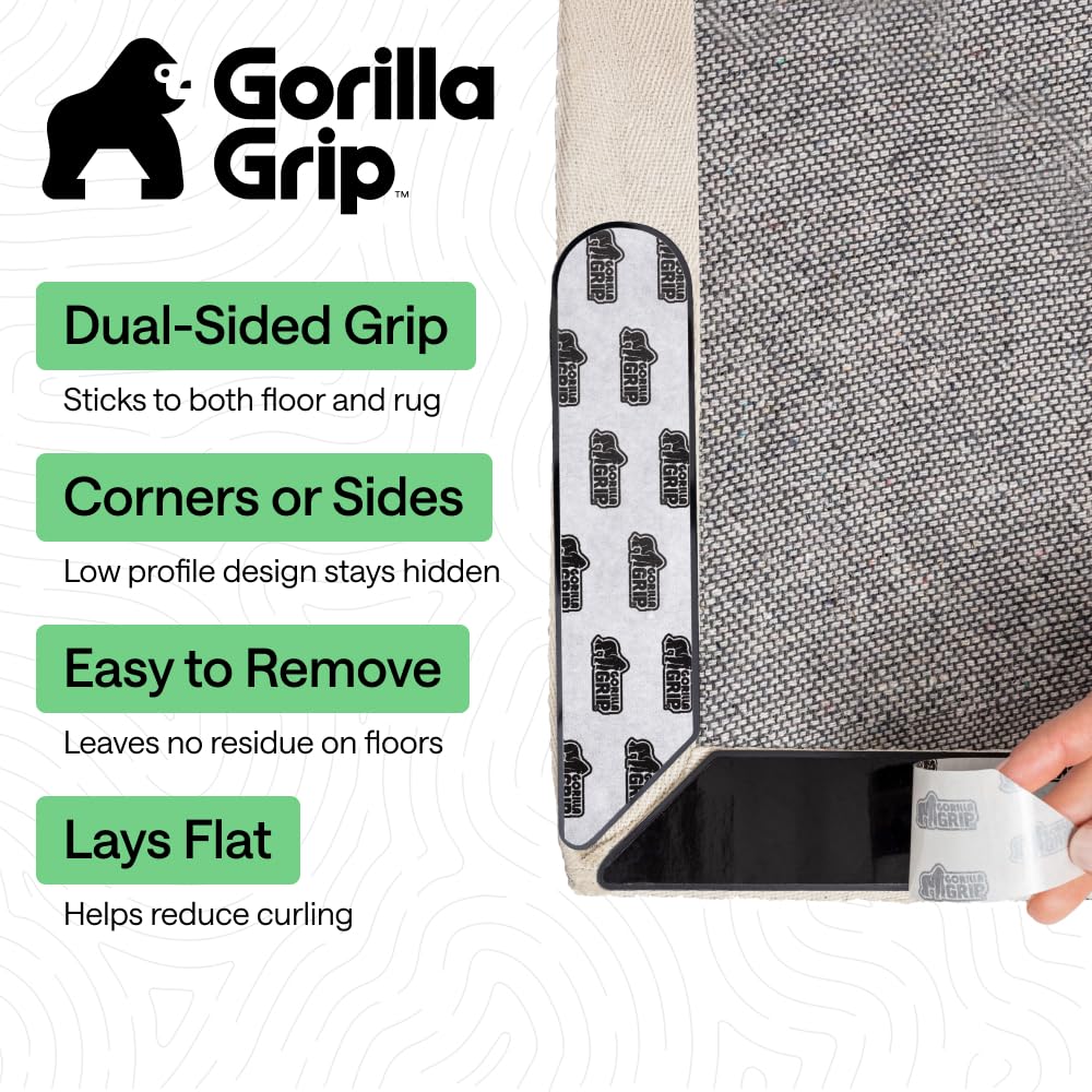 GORILLA GRIP® Extra Long Rug Grippers for Hardwood Floor, Reusable, Black | Dual-Sided Adhesives Pads Keep Area Rugs Corners Flat, Holds Down Carpet on Hard Wood, Tile Floors, Renter Friendly, 8 Pack