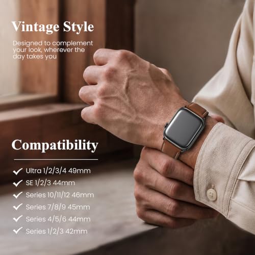 SUNFWR Leather Bands Compatible with Apple Watch Band for Men Women | 42mm 44mm 45mm 46mm 49mm, Top Grain Genuine Leather Replacement Strap, for iWatch Ultra, Series 12 11 10 9 8 7 6 5 4 SE 3 2 1