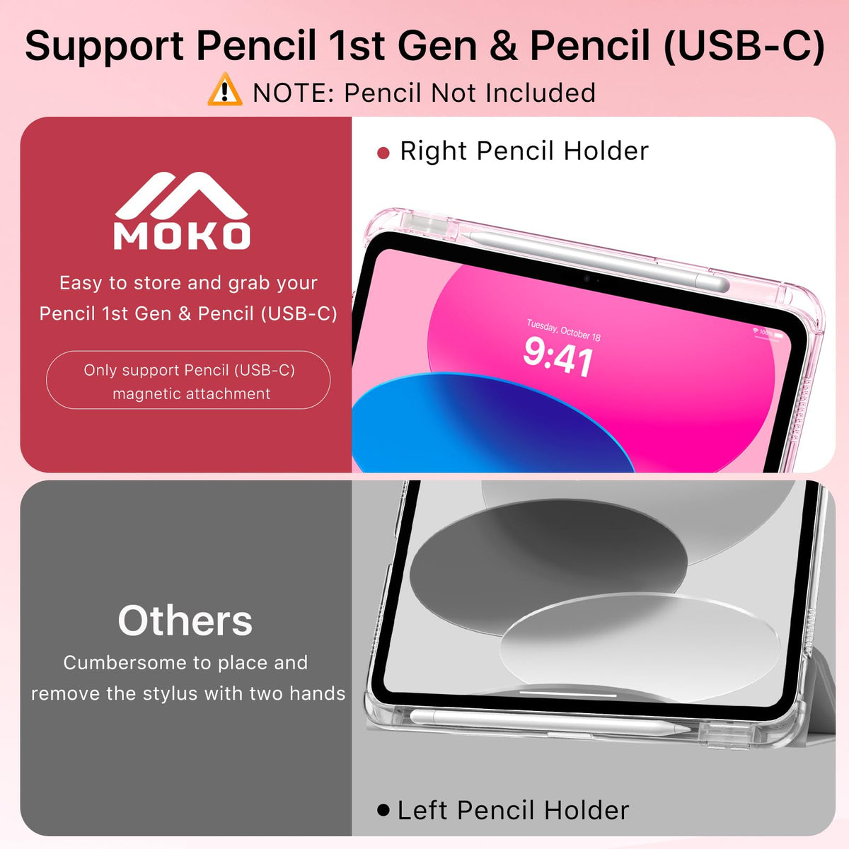 Moko for iPad A16 11th Generation Case 11 Inch 2025 with Pencil Holder,Pink | For iPad 10th Generation Case 10.9 Inch 2022, Slim Light Trifold Protective Cover with Hard PC Translucent Back Shell