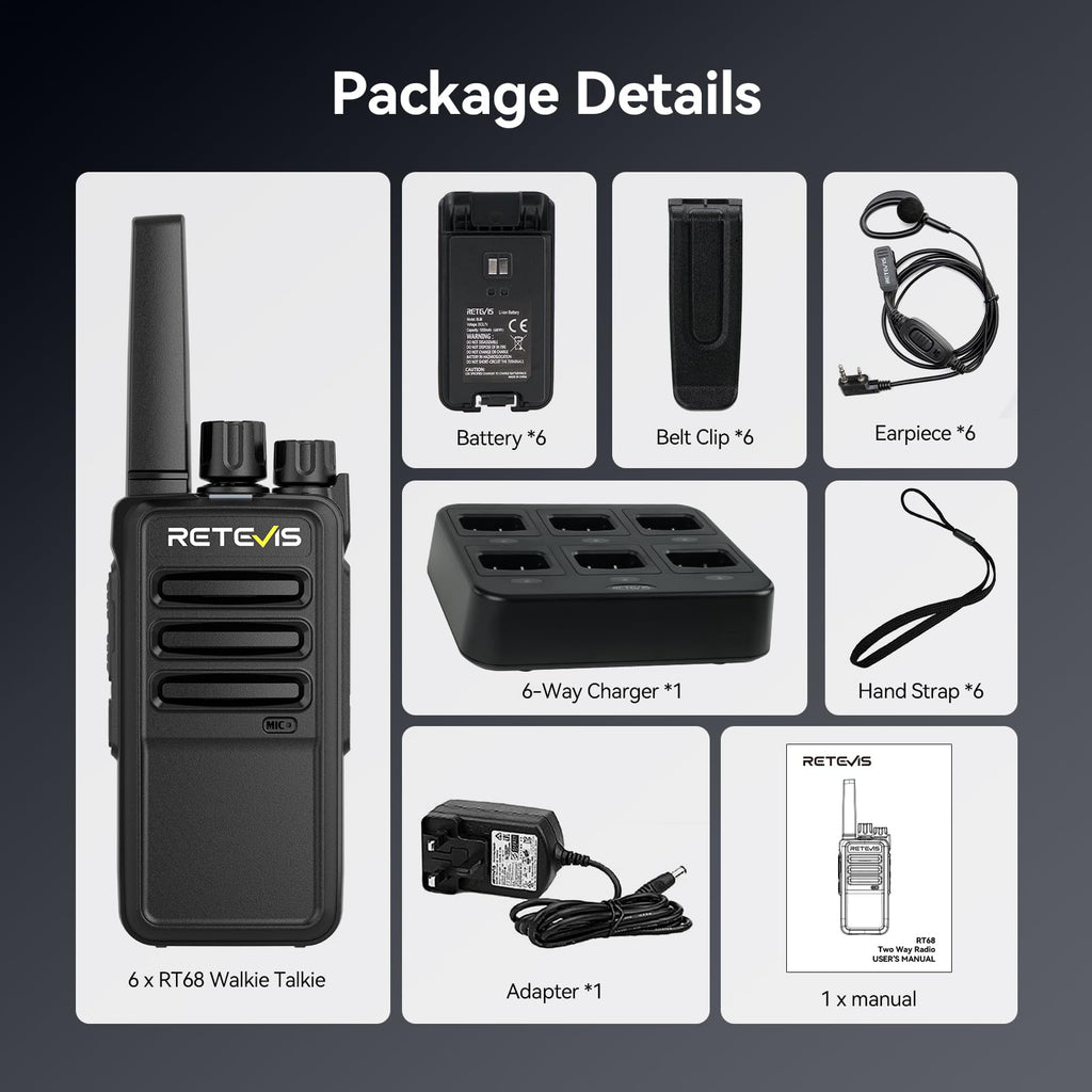 Retevis RT68 Business FRS Walkie Talkies Long Range with Earpieces 6 Pack | Rugged & Compact, License-Free, Powerful 500mW Speaker, 12-Hour Battery, Long-Term Supply, for Schools, Retail & Hospitality