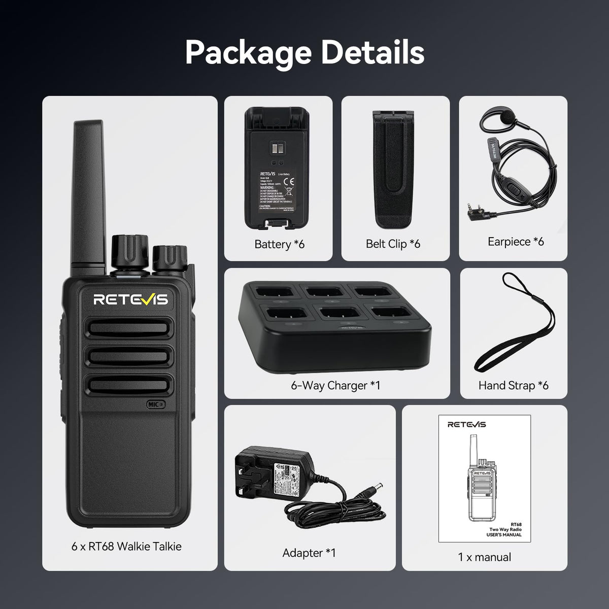 Retevis RT68 Business FRS Walkie Talkies Long Range with Earpieces 6 Pack | Rugged & Compact, License-Free, Powerful 500mW Speaker, 12-Hour Battery, Long-Term Supply, for Schools, Retail & Hospitality