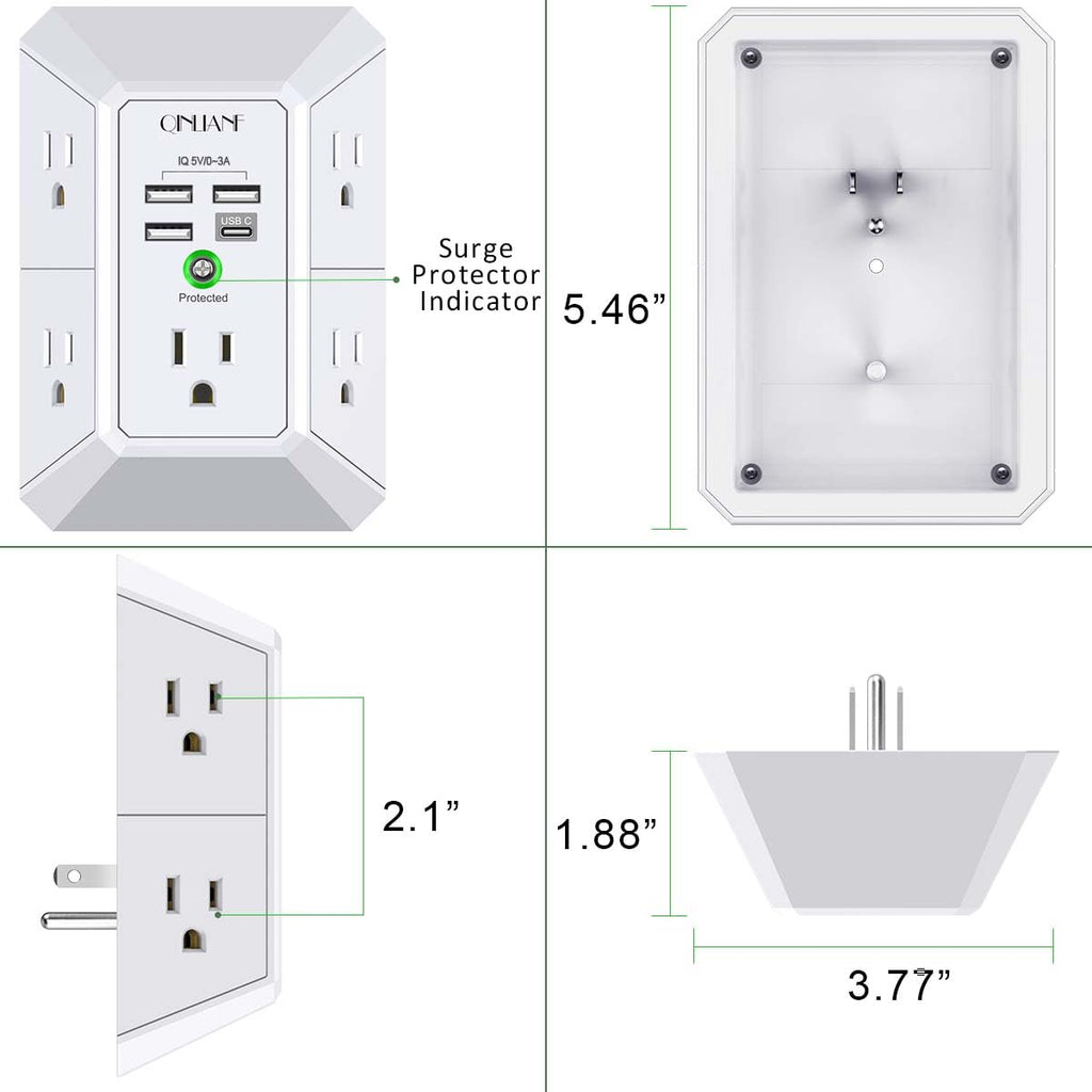 Wall Charger, Surge Protector, QINLIANF 5 Outlet Extender with 4 USB Ports | 1680 Joules, 3-Sided Power Strip, Multi Plug Wall Outlet Adapter Spaced for Home Travel Office, White