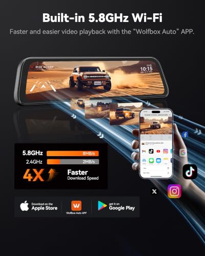 WOLFBOX G840S 12" 4K Mirror Dash Cam Backup Camera with 32GB Card and GPS | 5.8GHz WiFi Smart Rearview Mirror for Cars & Trucks, Front and Rear View Dual Cameras, Night Vision, Parking Assistance