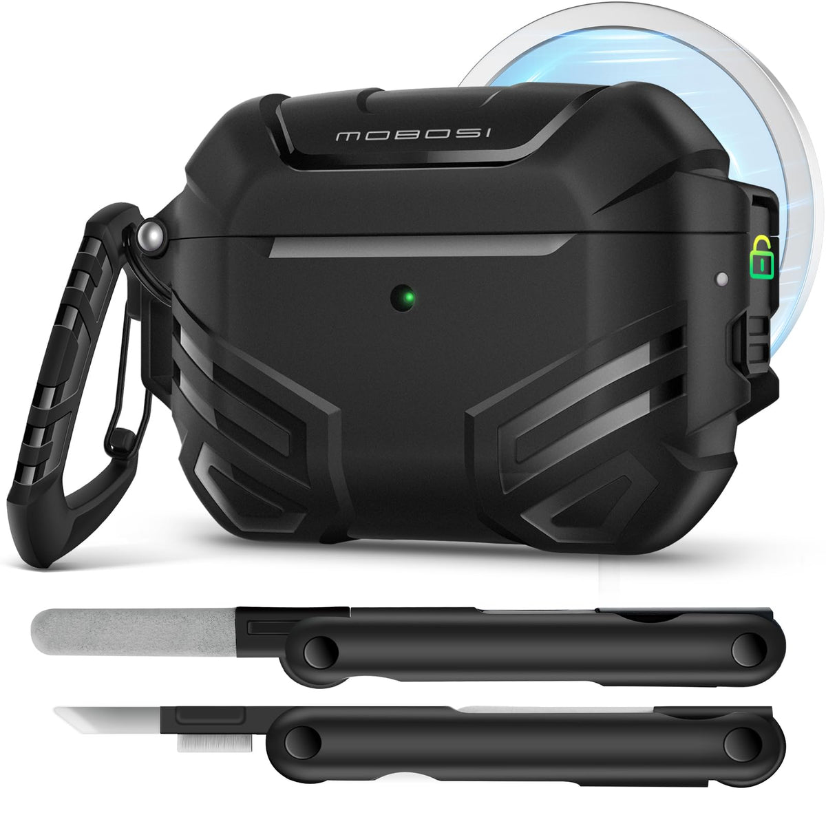 MOBOSI for AirPods Pro 3 Case, Fit for MagSafe, Black | Compatible with AirPods Pro 3rd Gen Cover, Military Grade Protection Shell with Lock, Cleaner Kit&Keychain for Men(2025)