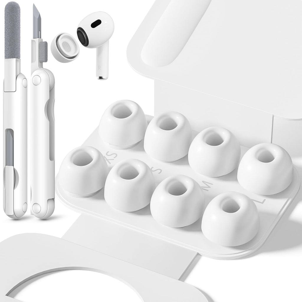 Inesore 4 Pairs Replacement Ear Tips for AirPods Pro 2nd/1st (White) | (2019/2022/2023) with Noise Reduction Hole & Built-in dust Guard Screen,Silicone, with Cleaner Pen,4 Size (XS/S/M/L)