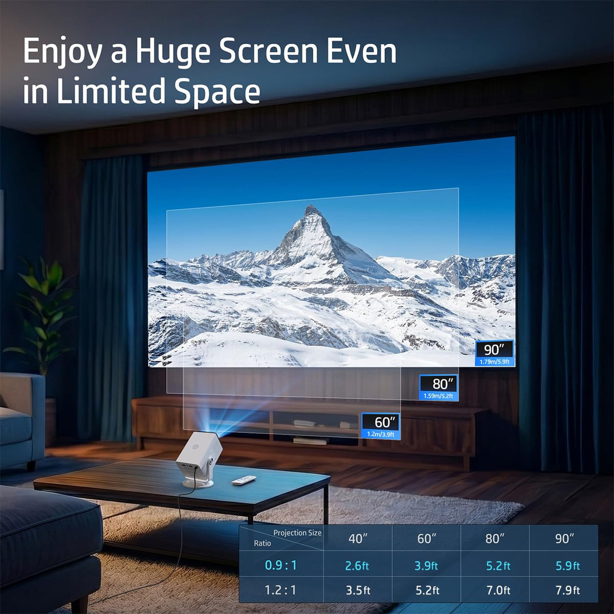 HP Projector Built-in Apps, USB-C Power Bank Compatible for Outdoor MC400 | Portable Mini Projector with WiFi 6 and Bluetooth 5.4, 1080P/4K Supported, Auto Keystone & 90° Rotatable, Smart Android TV OS