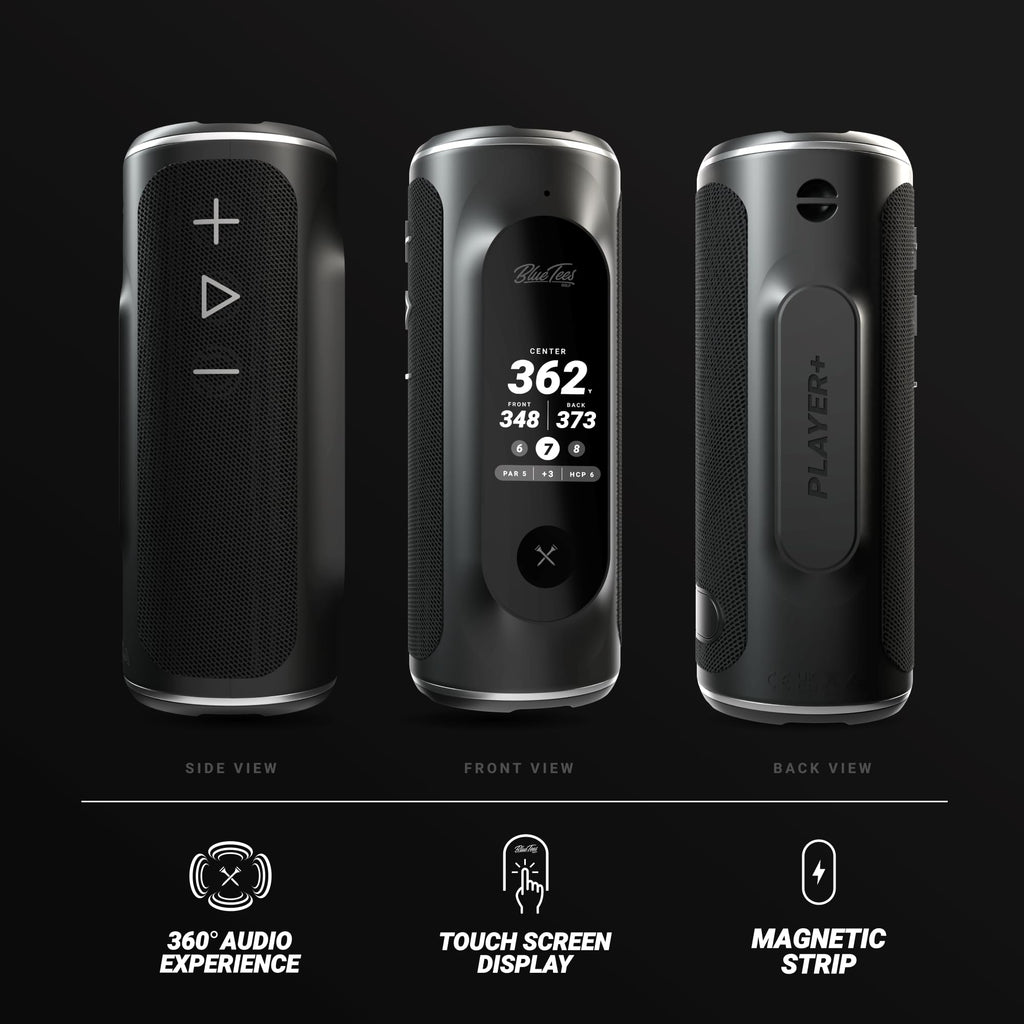 Blue Tees Golf Player+ AI-Powered GPS Speaker - Touchscreen Display, 10+ Hour Battery, 40,000+ Courses, Visual & Audible Distances, Hazard Detection, IPX7 Waterproof (Navy)